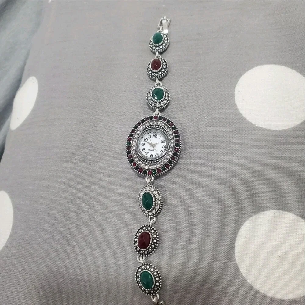 Vintage-Inspired Gemstone Bracelet‎ Watch – Red & Green Accents